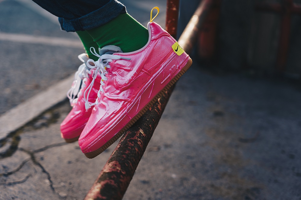 racer pink air force 1 on feet