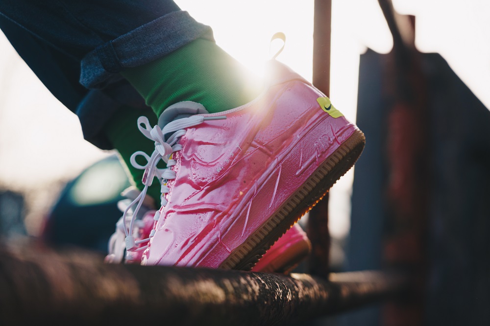 racer pink air force 1 on feet