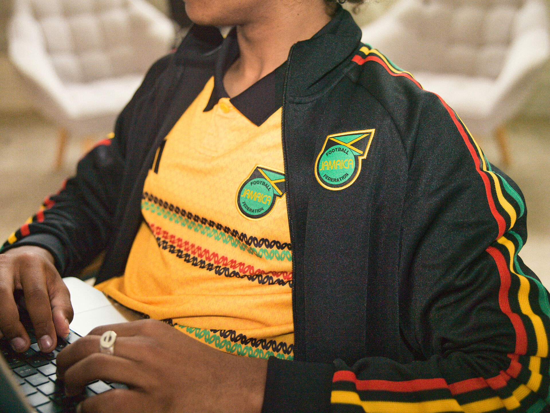 adidas Jamaica × Bob Marley jersey + track jacket detail — JFF crest, rasta stripes